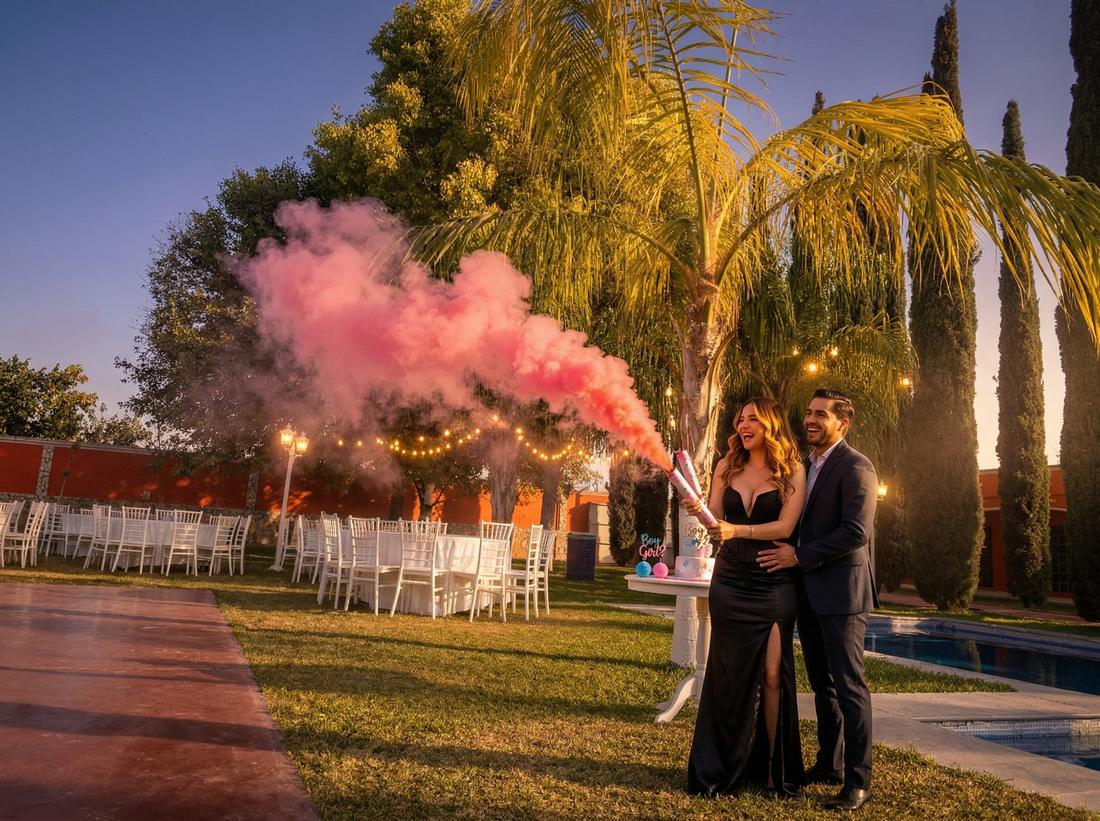 Pareja en revelación de género con humo rosa